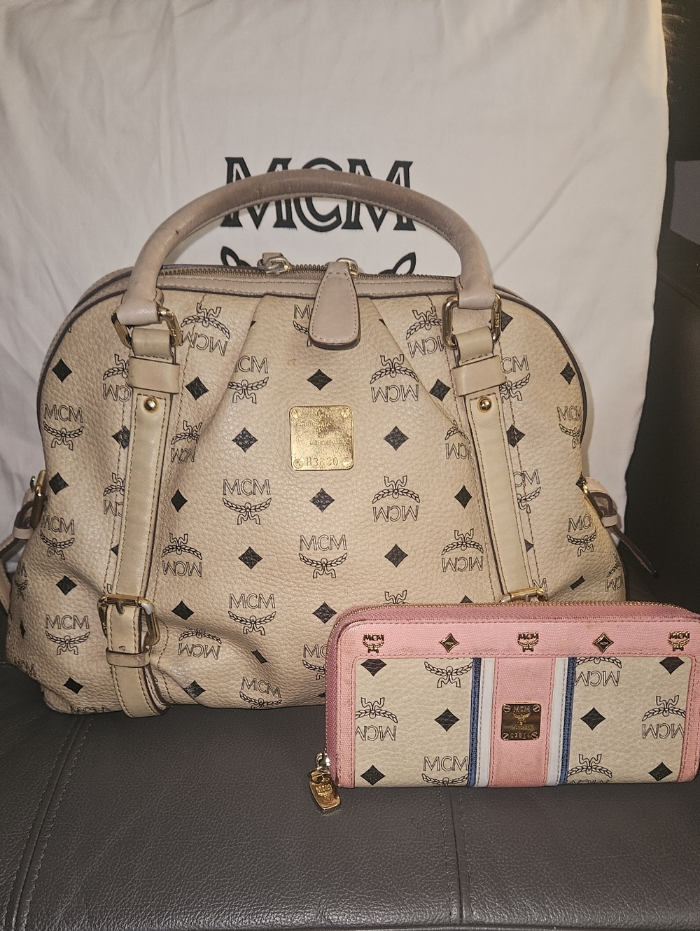 MCM Beige Logo Satchel with Wallet Set